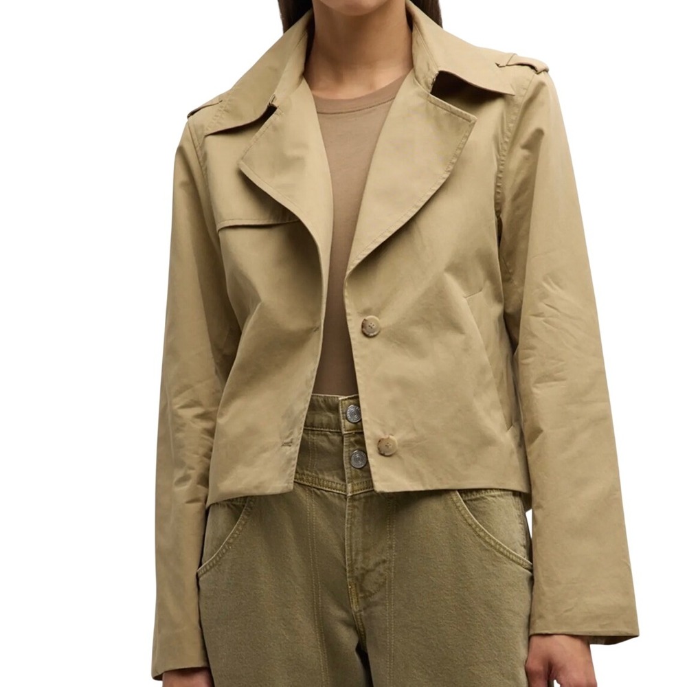 FRAME Cropped Trench Large Khaki Cotton Epaulettes Lined Minimalist Quiet Luxury